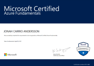 AZ900 Azure Fundamentals Certificate of Jonah Anderssion