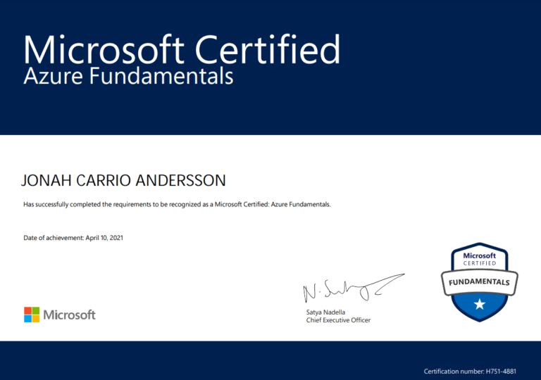 AZ900 Azure Fundamentals Certificate of Jonah Anderssion