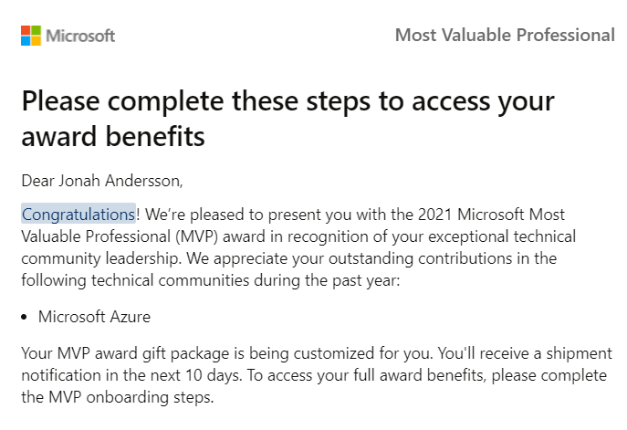 Microsoft Azure MVP Award Email