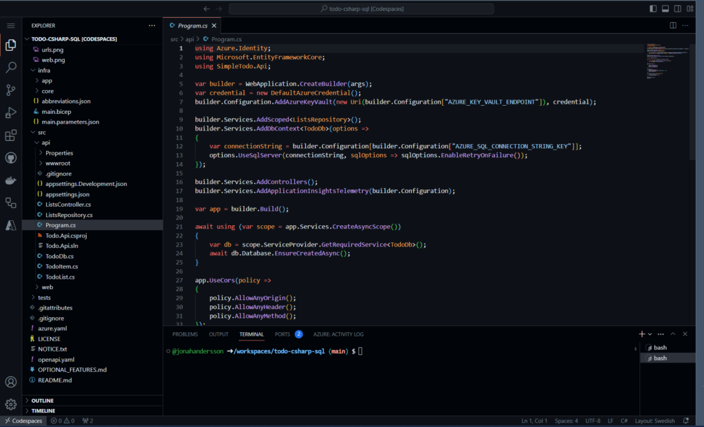 Using The Azd Template CSharp Example CodeSpaces